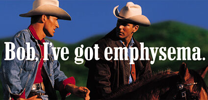 Two guys on horses mentioning that one has emphysema. Mentioned from Contagious: Why Things Catch On