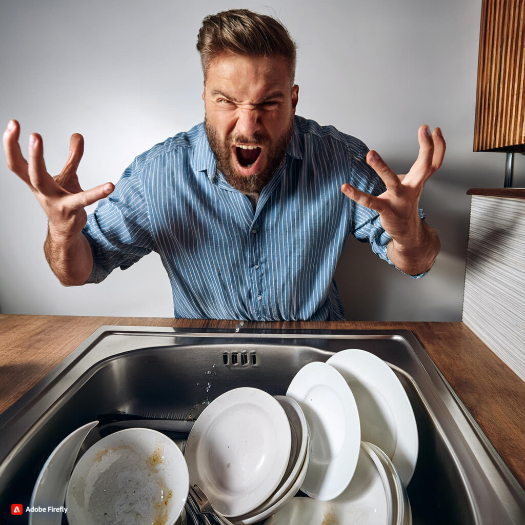 A man getting angry over a pile of dirty dishes in the kitchen sink.